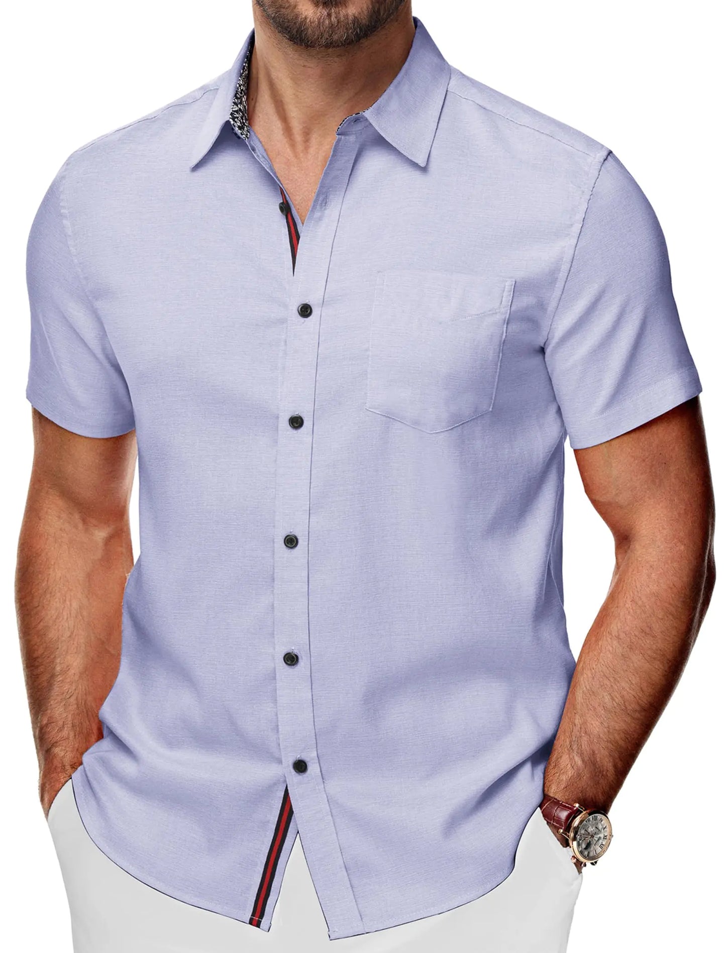 PJ PAUL JONES Mens Purple Dress Shirt Wrinkle-Free Short Sleeve Casual Button Down Shirt Men Collared Shirt with Pocket M