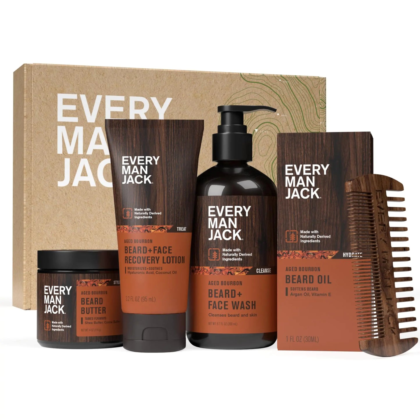Every Man Jack Mens Aged Bourbon Beard Set - Five Full-Sized Grooming Essentials For a Complete Routine - Beard + Face Wash Beard + Face Lotion Hydrating Beard Oil Beard Butter and Beard Comb
