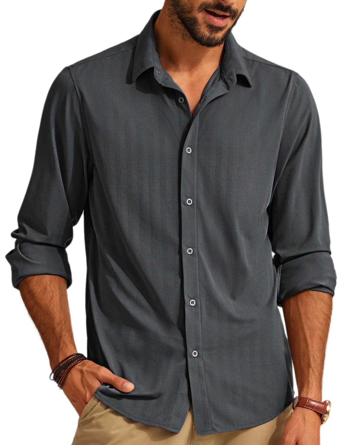 PJ PAUL JONES Mens Untucked Button Down Shirt Long Sleeve Dress Shirt Soft Comfort Shirt Herringbone Business Button Down Shirt Grey