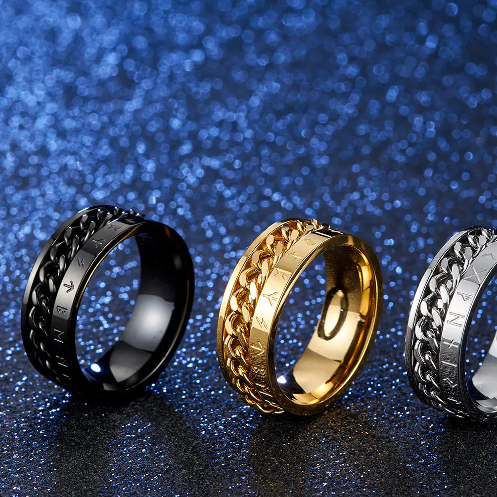 Titanium Steel Viking Text Chain Ring - Rotatable Design