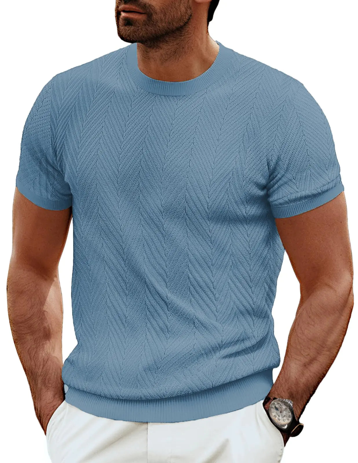 PJ PAUL JONES Mens Short Sleeve Knit T-Shirts Casual Crewneck Solid Texture Knit Shirt Grey Blue Medium