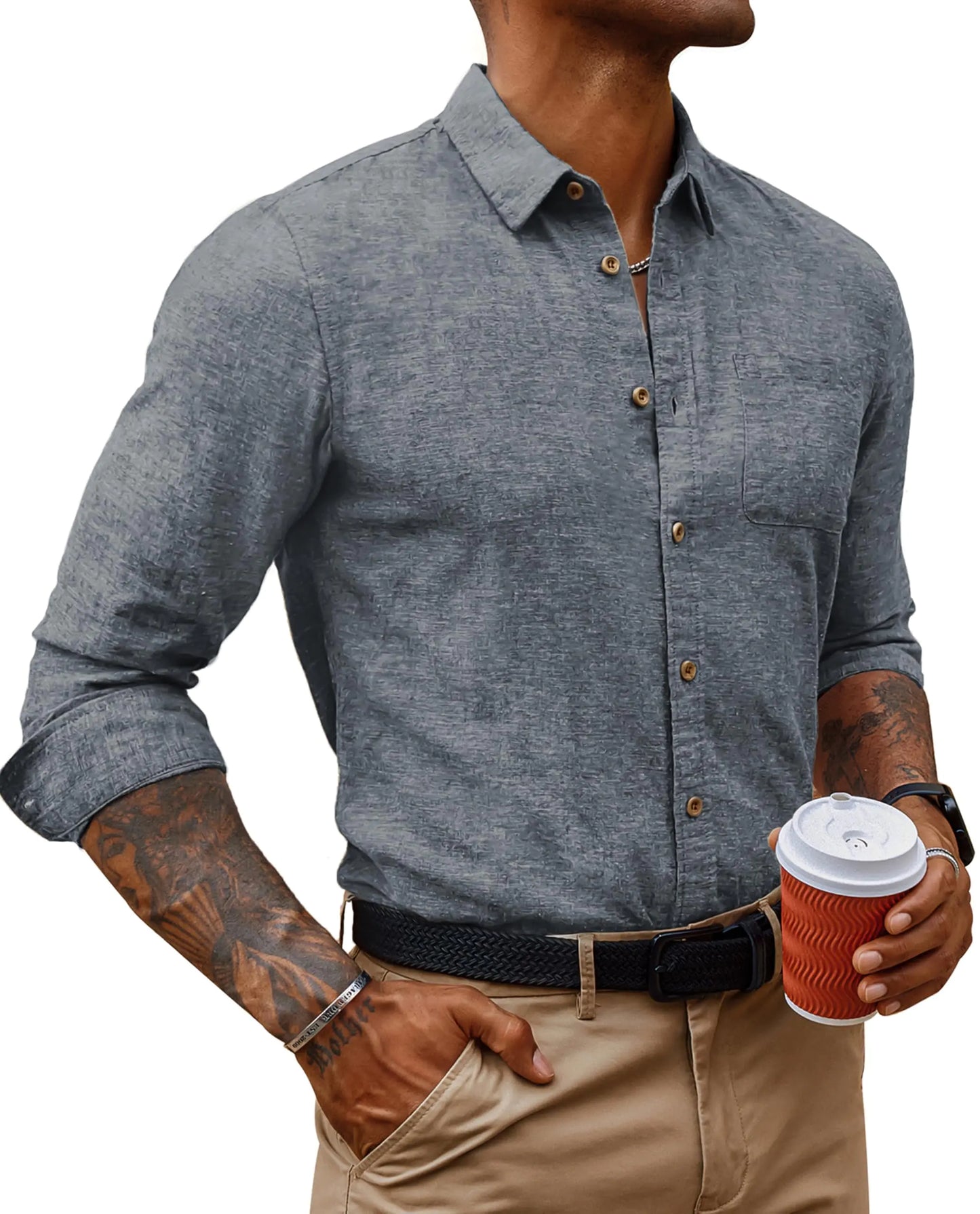 PJ PAUL JONES Blue Button Down Shirt Men Linen Shirts Long Sleeve Cotton Shirt for Casual Lightweight Solid Tops Blue L