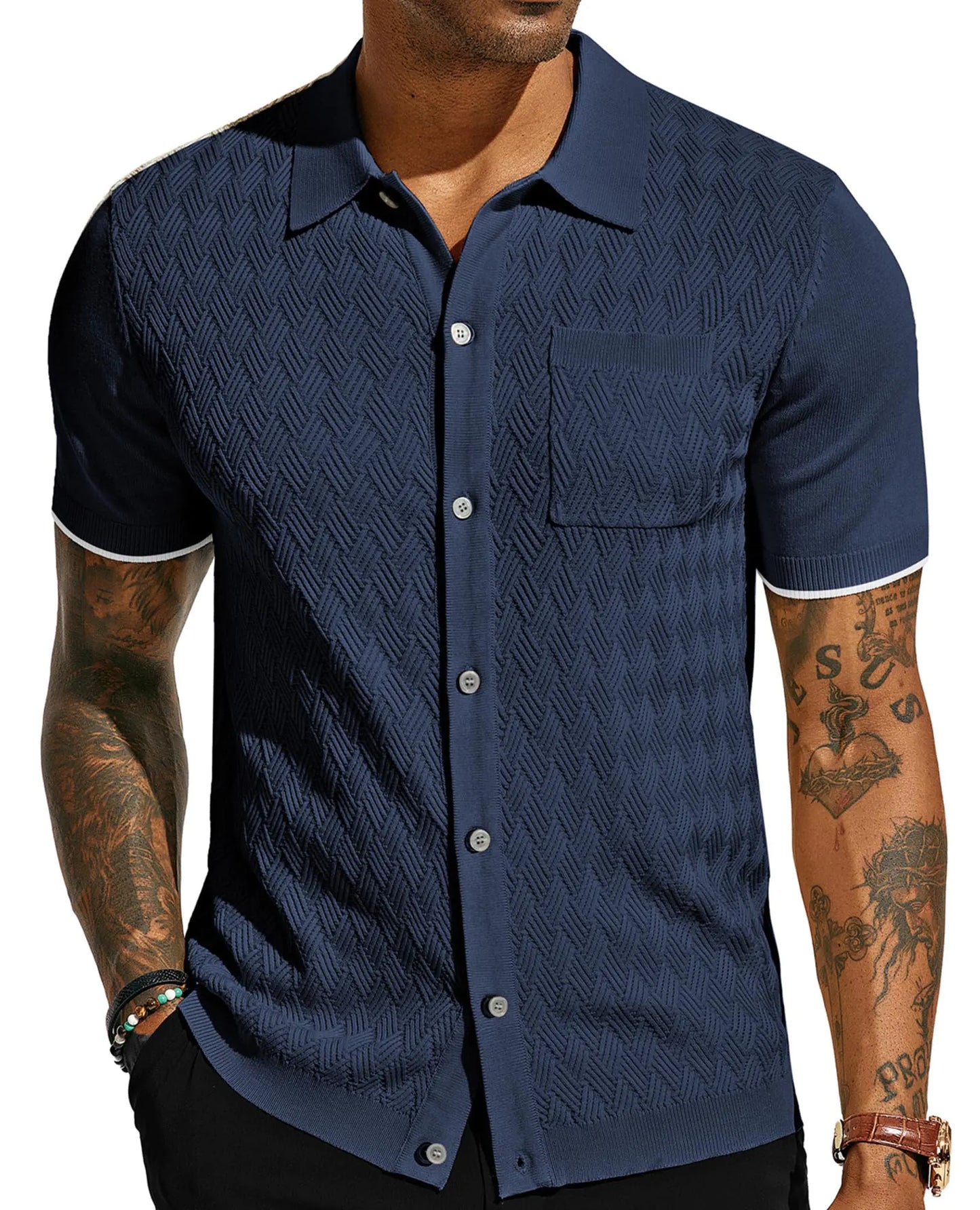 PJ PAUL JONES Mens Button Down Shirt 1970s Italian Textured Knit Polo Shirt with Pocket Classic Fit Vacation Ribbed Knit Shirts Navy Blue XXL