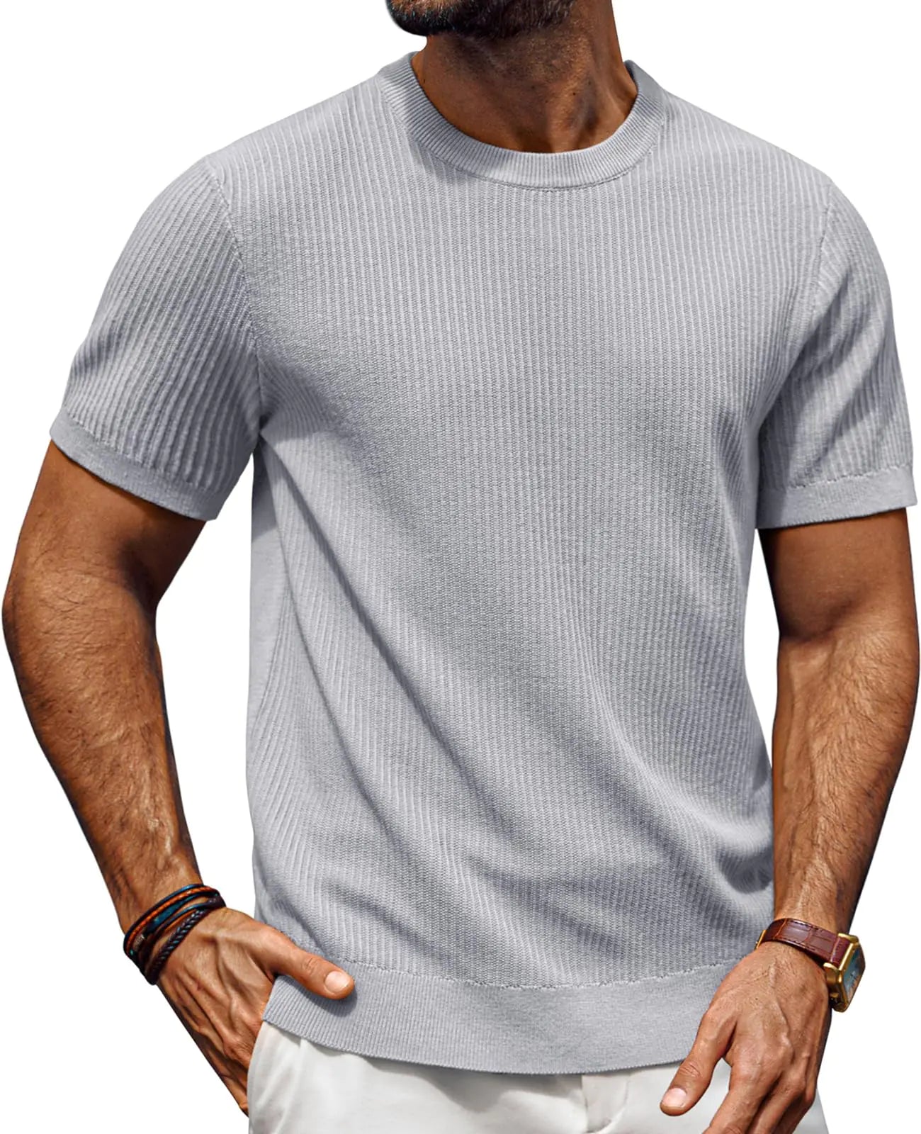 PJ PAUL JONES T Shirts for Men Knitted Crew Neck Shirt Casual Short Sleeve Shirts Lightweight Pullovers for Summer