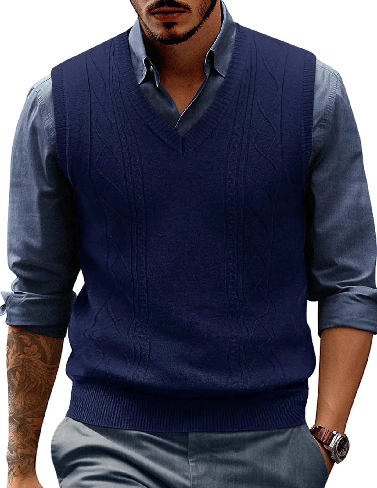 Paul Jones Mens V Neck Sweater Vest Knitted Pullover Sweaters Vest Size M Blue