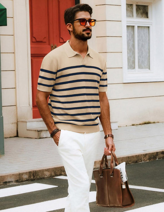 PJ PAUL JONES Mens Polo Shirts Short Sleeve V-Neck Polos Casual Striped T Shirt Apricot