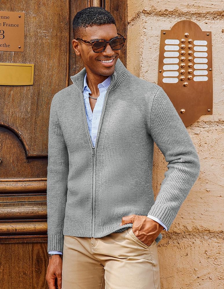 PJ PAUL JONES Mens Full Zip Up Cardigan Sweater Warm Cozy Stand Collar Sweater Light Grey S