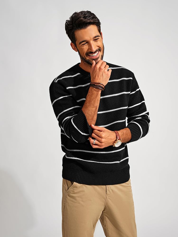 PJ PAUL JONES Mens Sweaters Causal Crew Neck Pullover Stretch Striped Sweaters Pullovers Black