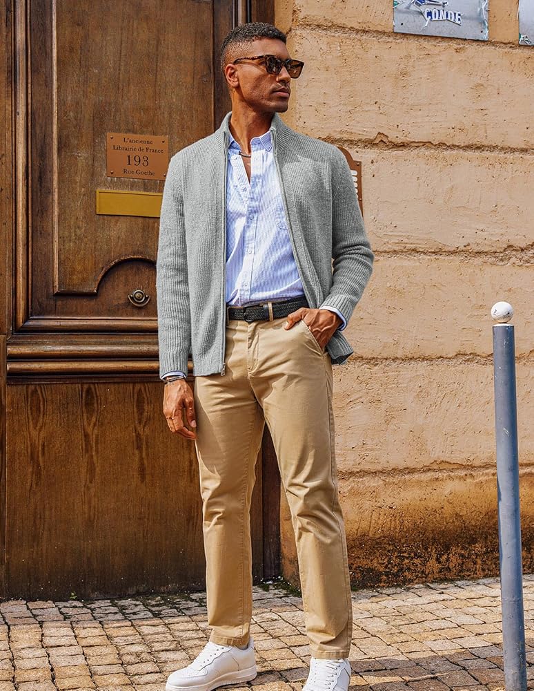 PJ PAUL JONES Mens Full Zip Up Cardigan Sweater Warm Cozy Stand Collar Sweater Light Grey S