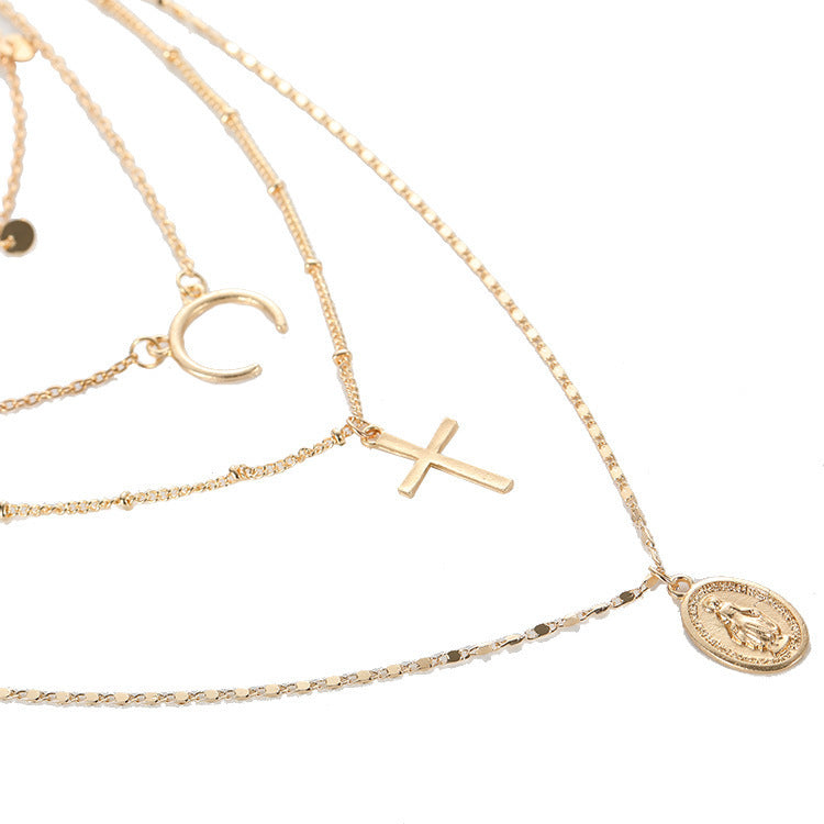 Multi Layer Cross Necklace with Metal Pendant