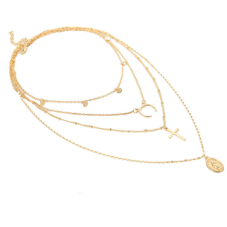 Multi Layer Cross Necklace with Metal Pendant