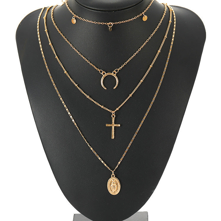 Multi Layer Cross Necklace with Metal Pendant