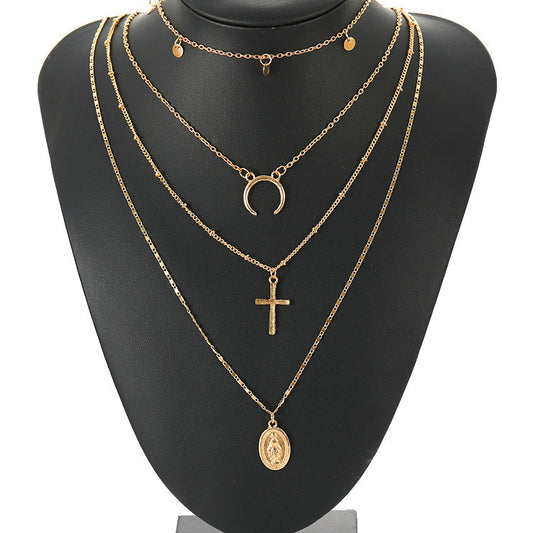 Multi Layer Cross Necklace with Metal Pendant