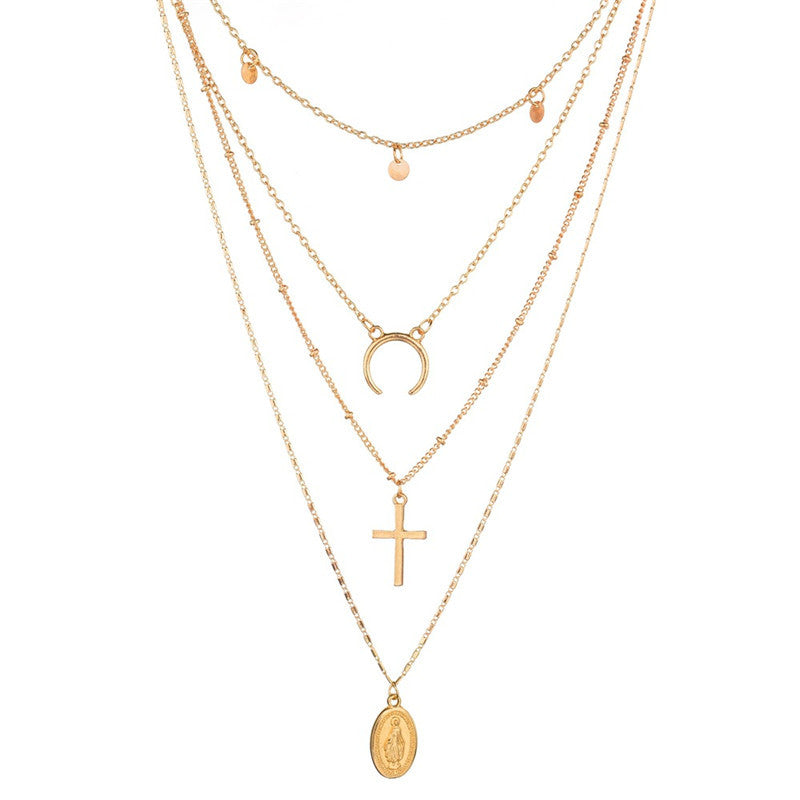 Multi Layer Cross Necklace with Metal Pendant