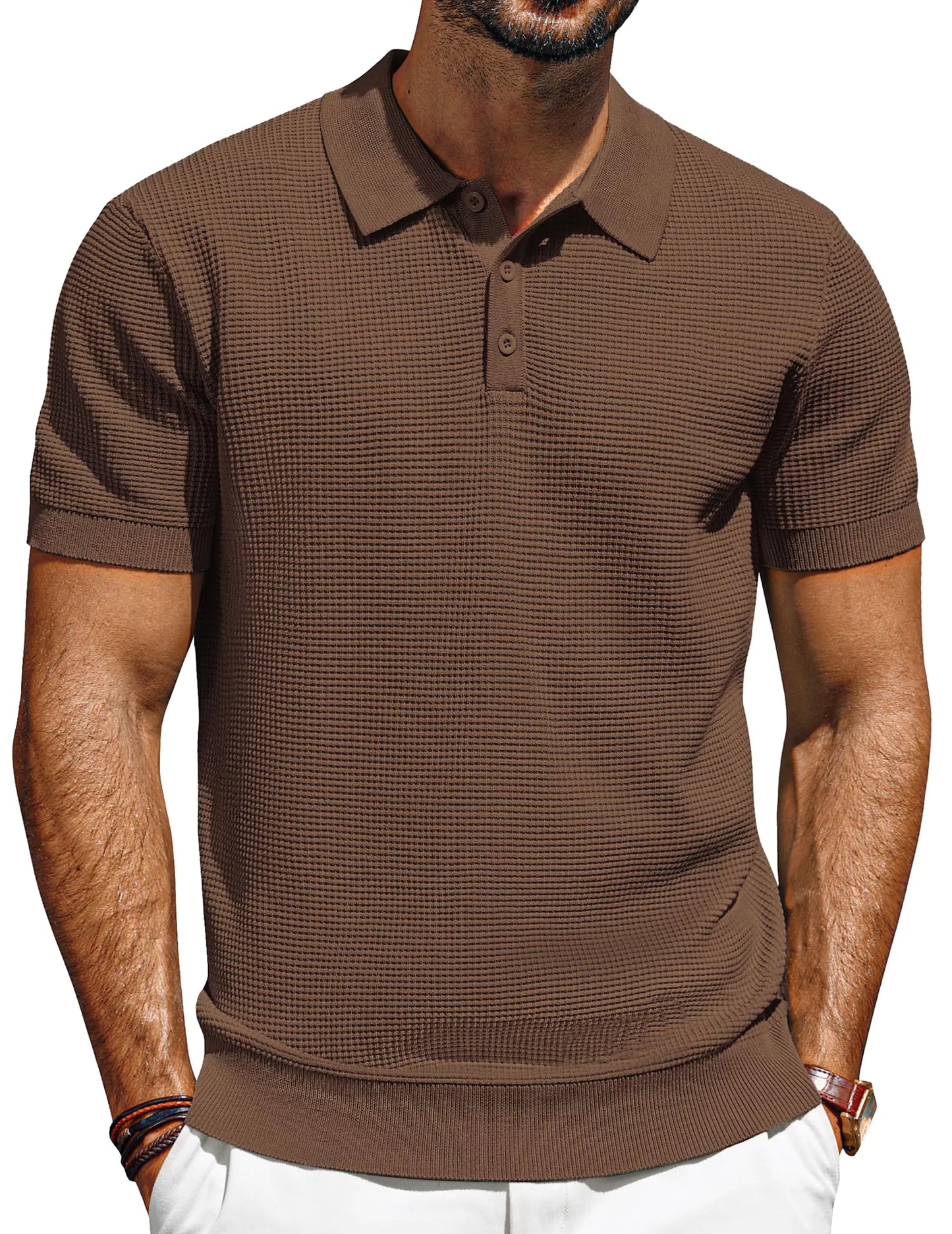 PJ PAUL JONES Mens Casual Knit Polo Shirts Short Sleeve Waffle Knitted Polo Regular Fit Vacation Shirt Coffee Green XXL