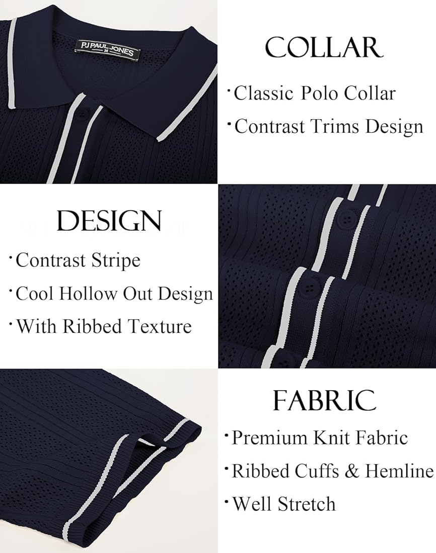 PJ PAUL JONES Mens Knit Polo Shirt Short Sleeve Black Button Down Shirt Lightweight Hollow Out Polo Shirt XXL