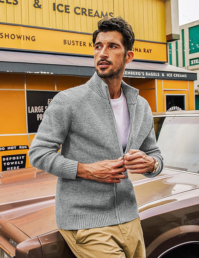 PJ PAUL JONES Mens Full Zip Up Cardigan Sweater Warm Cozy Stand Collar Sweater Light Grey S