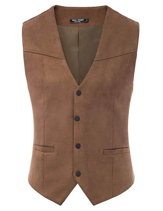PJ PAUL JONES Mens Suede Leather Suit Vest Casual Western Vest Jacket Slim Fit Vests Waistcoat Brown M
