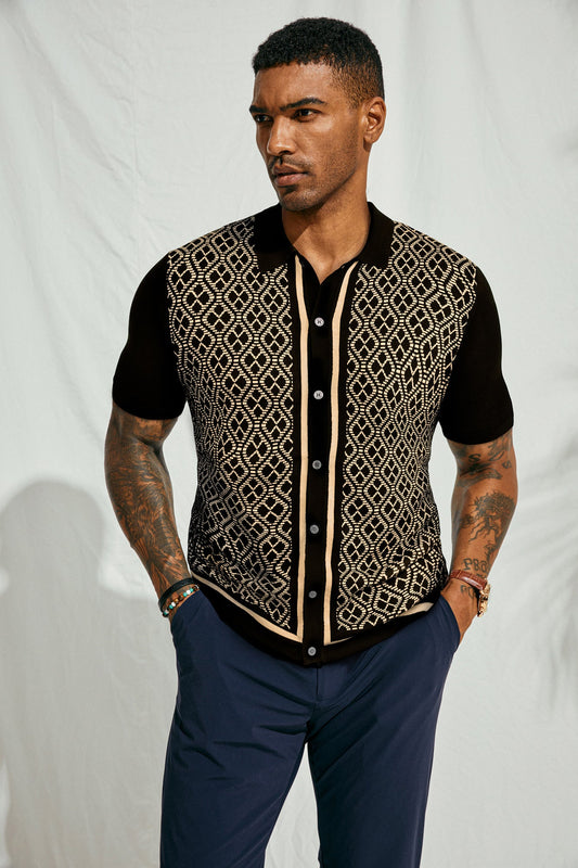 PJ PAUL JONES Mens Knitted Polo Shirt Button Down Knitwear Contrast Knitted Polo Shirts for Summer Black Gold