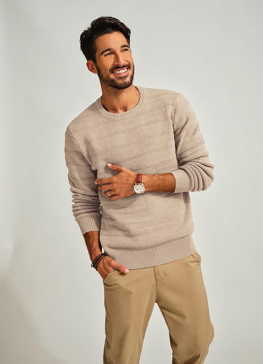 PJ PAUL JONES Mens Textured Knit Sweaters Fashion Crewneck Pullover Sweaters Fitted Knitwear Khaki