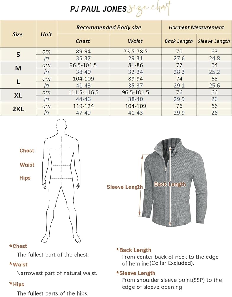 PJ PAUL JONES Mens Full Zip Up Cardigan Sweater Warm Cozy Stand Collar Sweater Light Grey S
