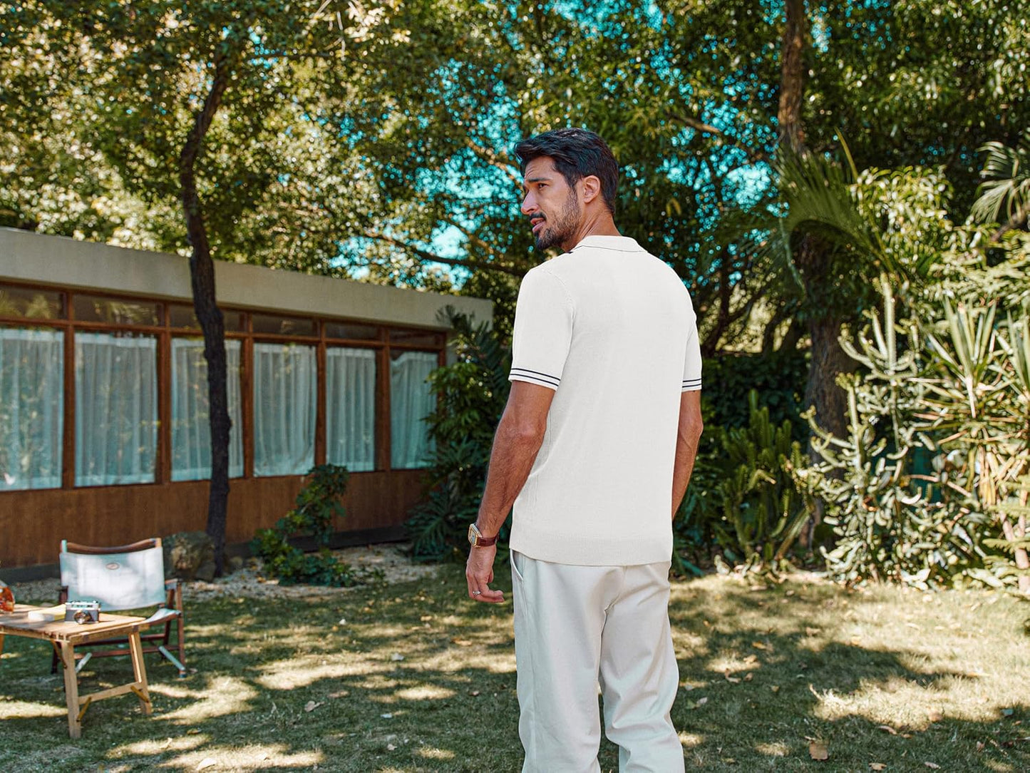 PJ PAUL JONES Mens Quarter Zipper Knit Polo Shirts Striped Vintage Short Sleeve Shirt Off - White