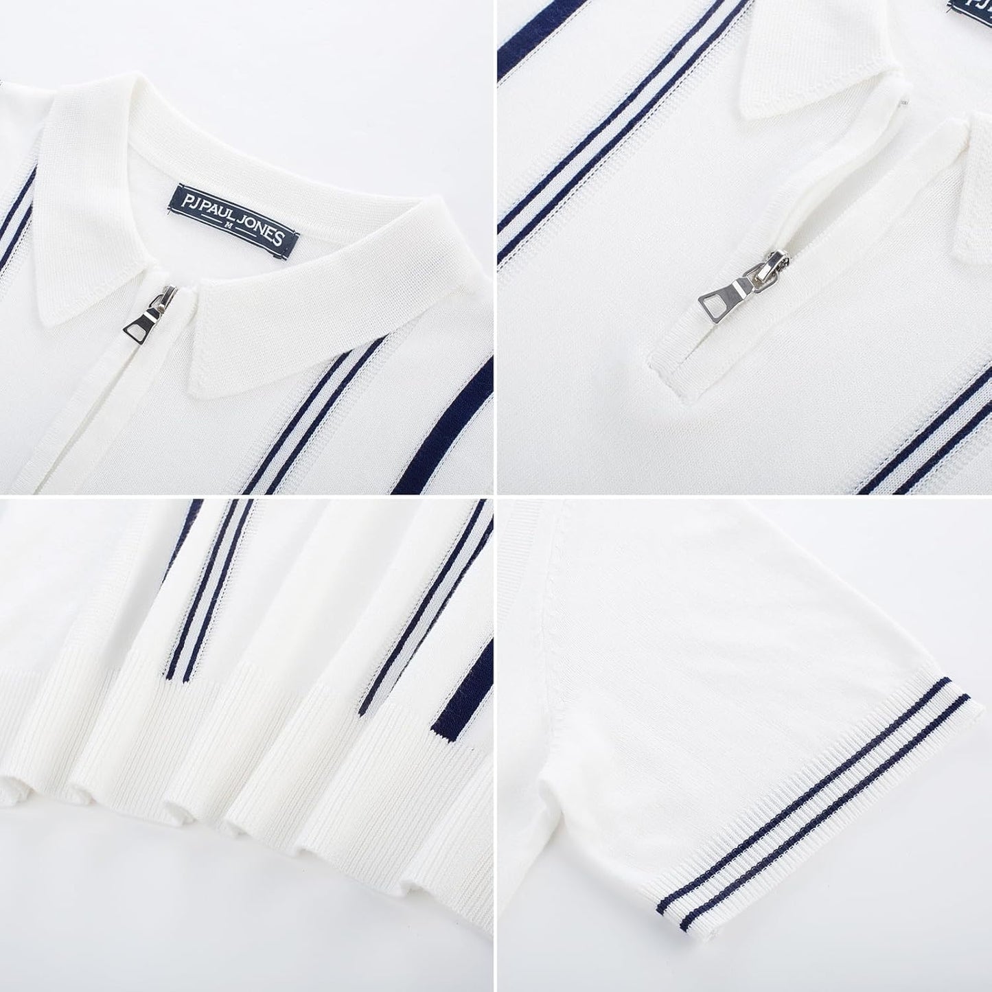 PJ PAUL JONES Mens Quarter Zipper Knit Polo Shirts Striped Vintage Short Sleeve Shirt Off - White