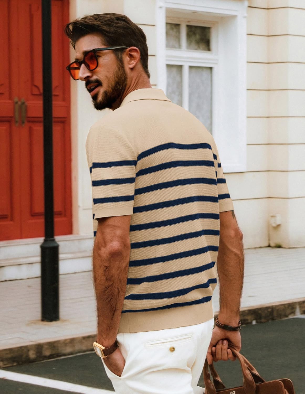 PJ PAUL JONES Mens Polo Shirts Short Sleeve V-Neck Polos Casual Striped T Shirt Apricot