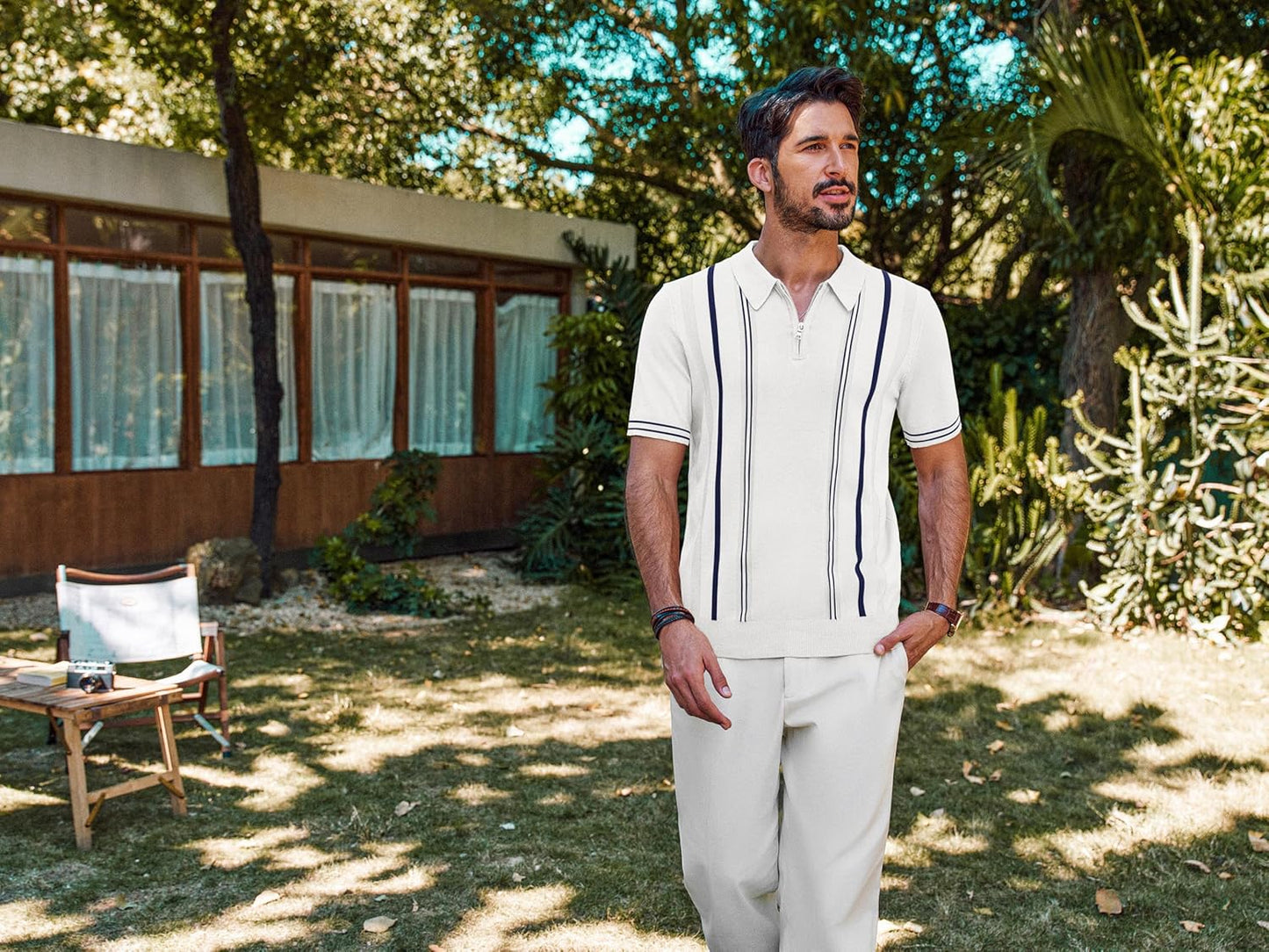 PJ PAUL JONES Mens Quarter Zipper Knit Polo Shirts Striped Vintage Short Sleeve Shirt Off - White