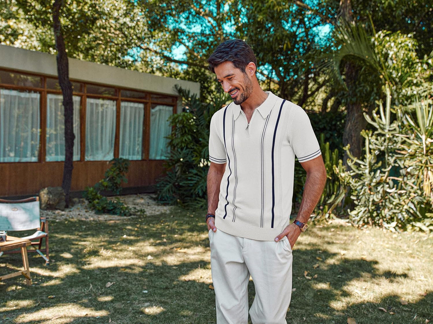 PJ PAUL JONES Mens Quarter Zipper Knit Polo Shirts Striped Vintage Short Sleeve Shirt Off - White