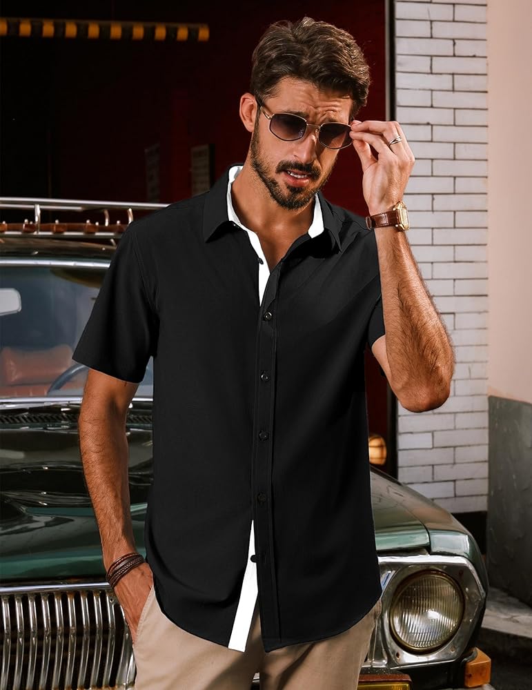 PJ PAUL JONES Mens Casual Shirts Short Sleeve Button Down Shirts Summer Wrinkle-Free Shirts with Pocket Black