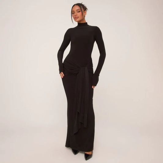 heyheyshine Womens Long Sleeve Turtleneck Dress Bodycon Maxi Dress Casual Long Dress Hollow Tie Waist Dress Bodycon Dress (BrownLLarge)