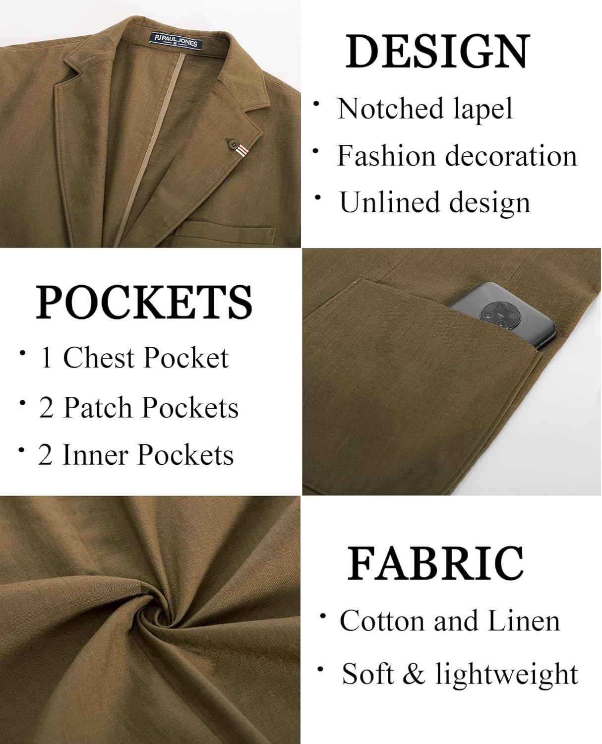 PJ PAUL JONES Mens Two Button Lightweight Sport Coat Casual Slim Fit Unlined Cotton Blazers Linen Blazer Notched Lapel Dark Khaki XL