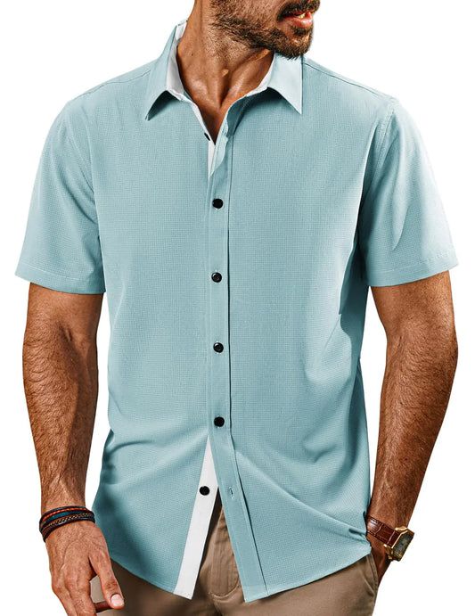 PJ PAUL JONES Dress Shirts for Men Short Sleeve Button Down Shirt Casual Button Up Stretch Vacation Business Shirts Blue XXL