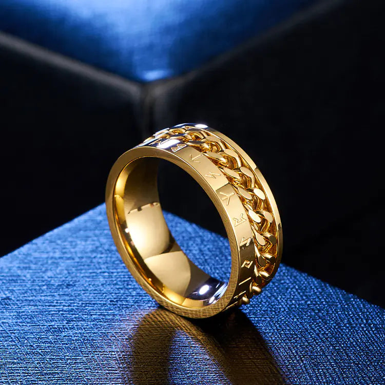 Titanium Steel Viking Text Chain Ring - Rotatable Design