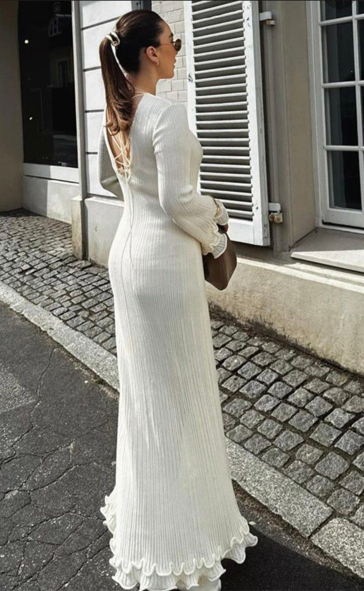 QNI Maxi Dress with Ruffles Crochet Dress Cream Dress Tie Back Knot Dress Bodycon Long Sleeve Sweater Dress (WhiteSSmall)