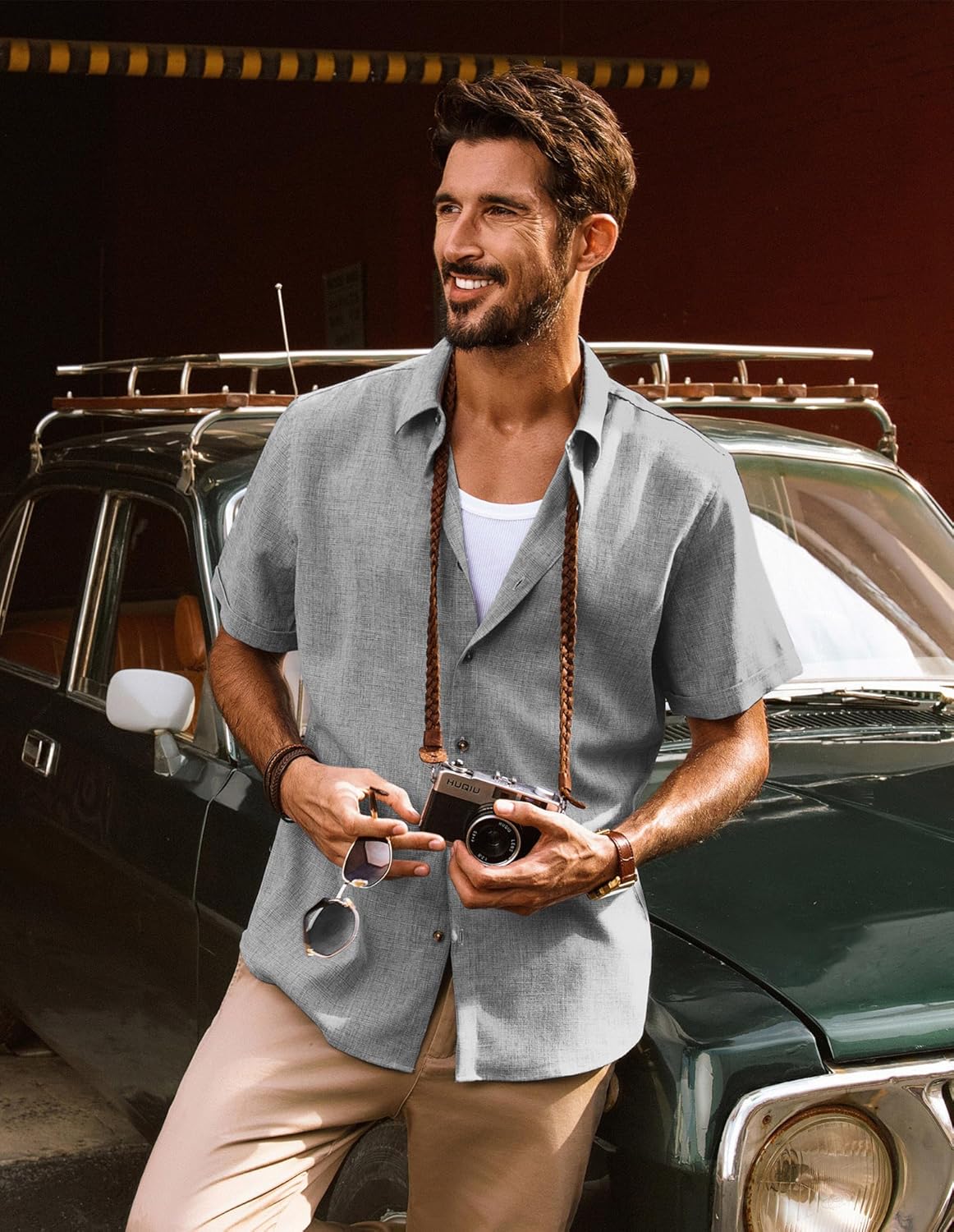 PJ PAUL JONES Mens Green Shirts Button Down Short Sleeve Shirt Casual Lightwieght Shirts Wrinklefree