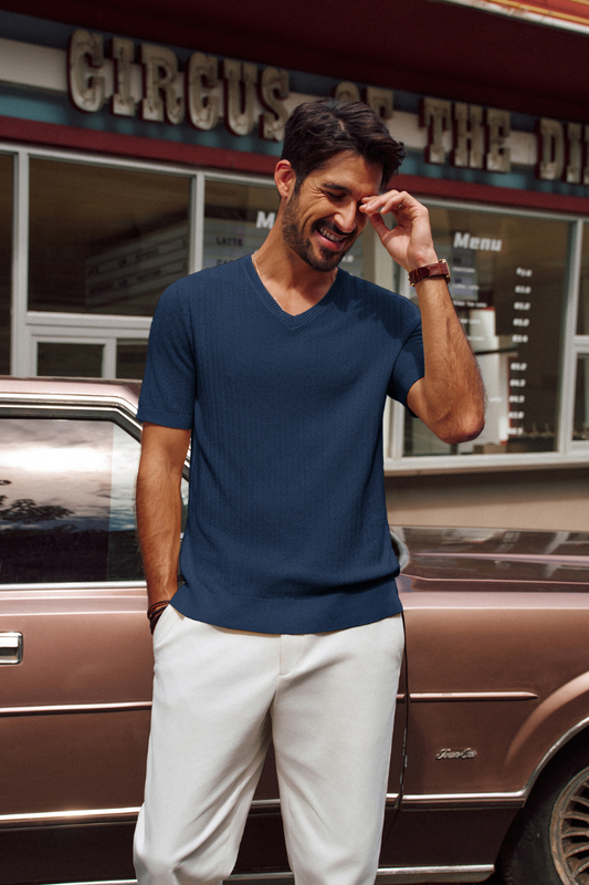 PJ PAUL JONES Summer Shirts for Men V Neck Short Sleeve Solid Color Knit Shirts Textured Shirts Royal Blue