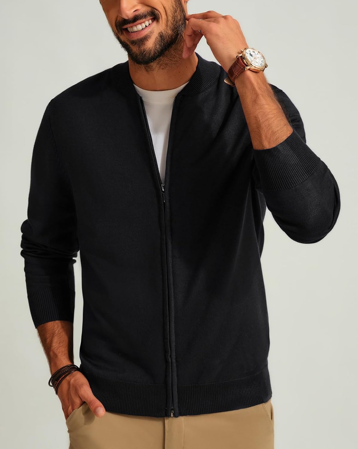 PJ PAUL JONES Mens Stand Collar Cardigan Sweater Zip Up Sweater Jacket Outerwear Black XL