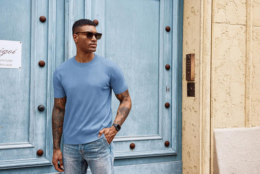 PJ PAUL JONES Mens Short Sleeve Knit T-Shirts Casual Crewneck Solid Texture Knit Shirt Grey Blue Medium