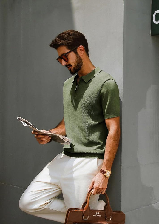 PJ PAUL JONES Mens Polo Shirts Short Sleeve Textured Casual Knit Shirt Italian Zipper for Spring Summer Men Army Green Shirt Large