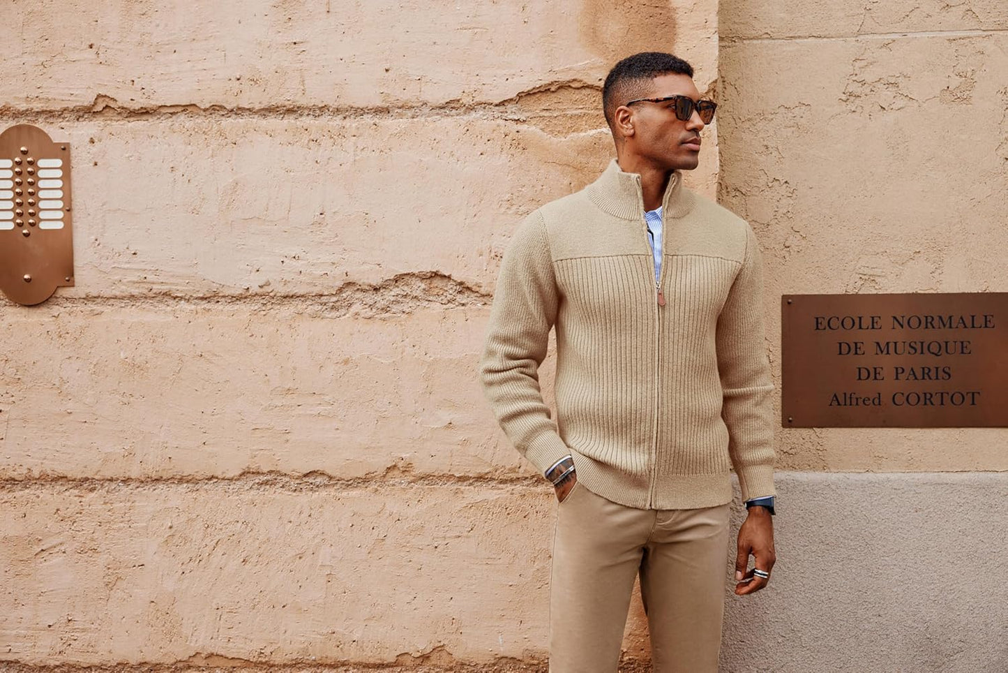 PJ PAUL JONES Mens Full Zip Cardigan Sweater Casual Stand Collar Ribbed Knitted Cardigan Long Sleeve Textured Sweater Cardigans Khaki L