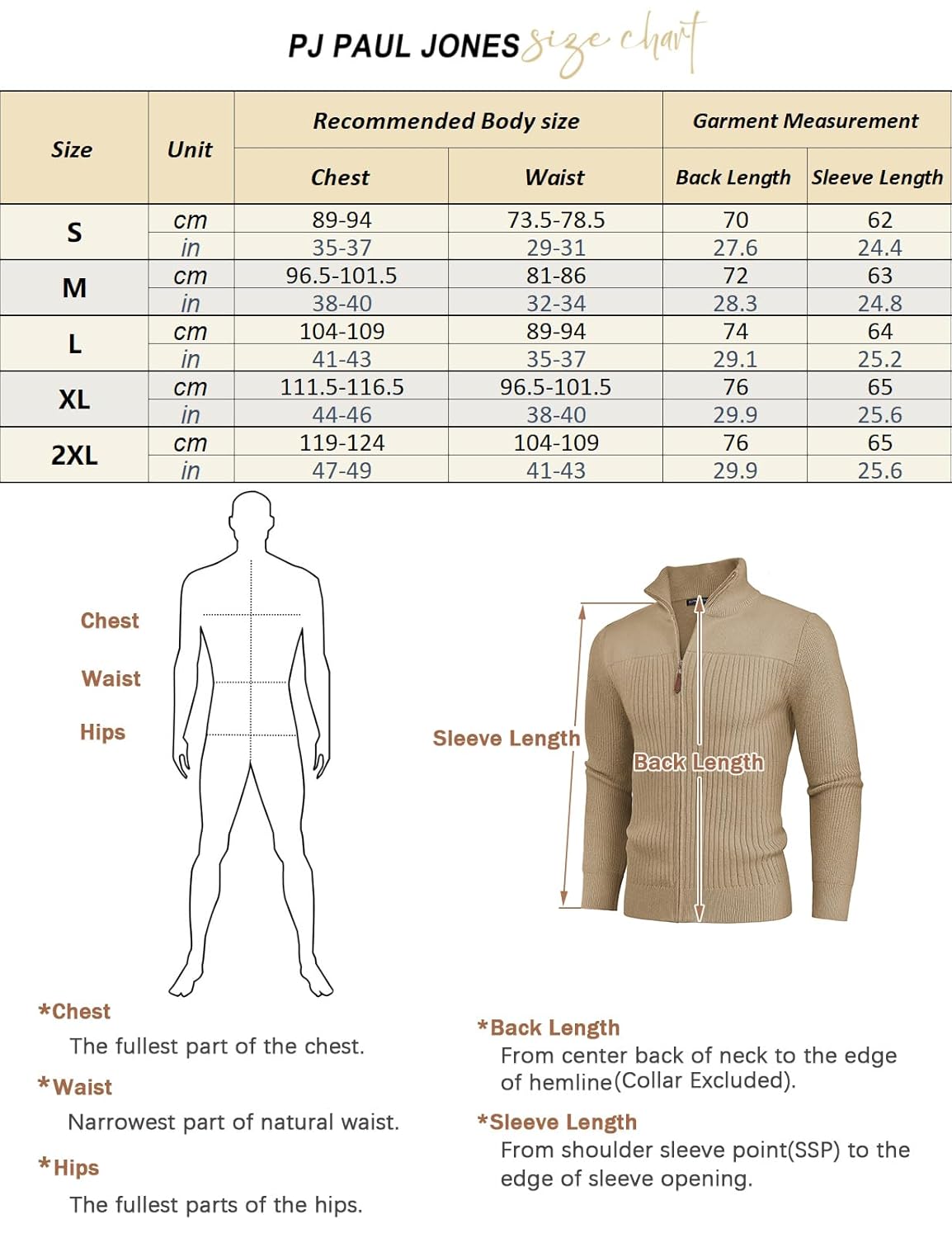 PJ PAUL JONES Mens Full Zip Cardigan Sweater Casual Stand Collar Ribbed Knitted Cardigan Long Sleeve Textured Sweater Cardigans Khaki L