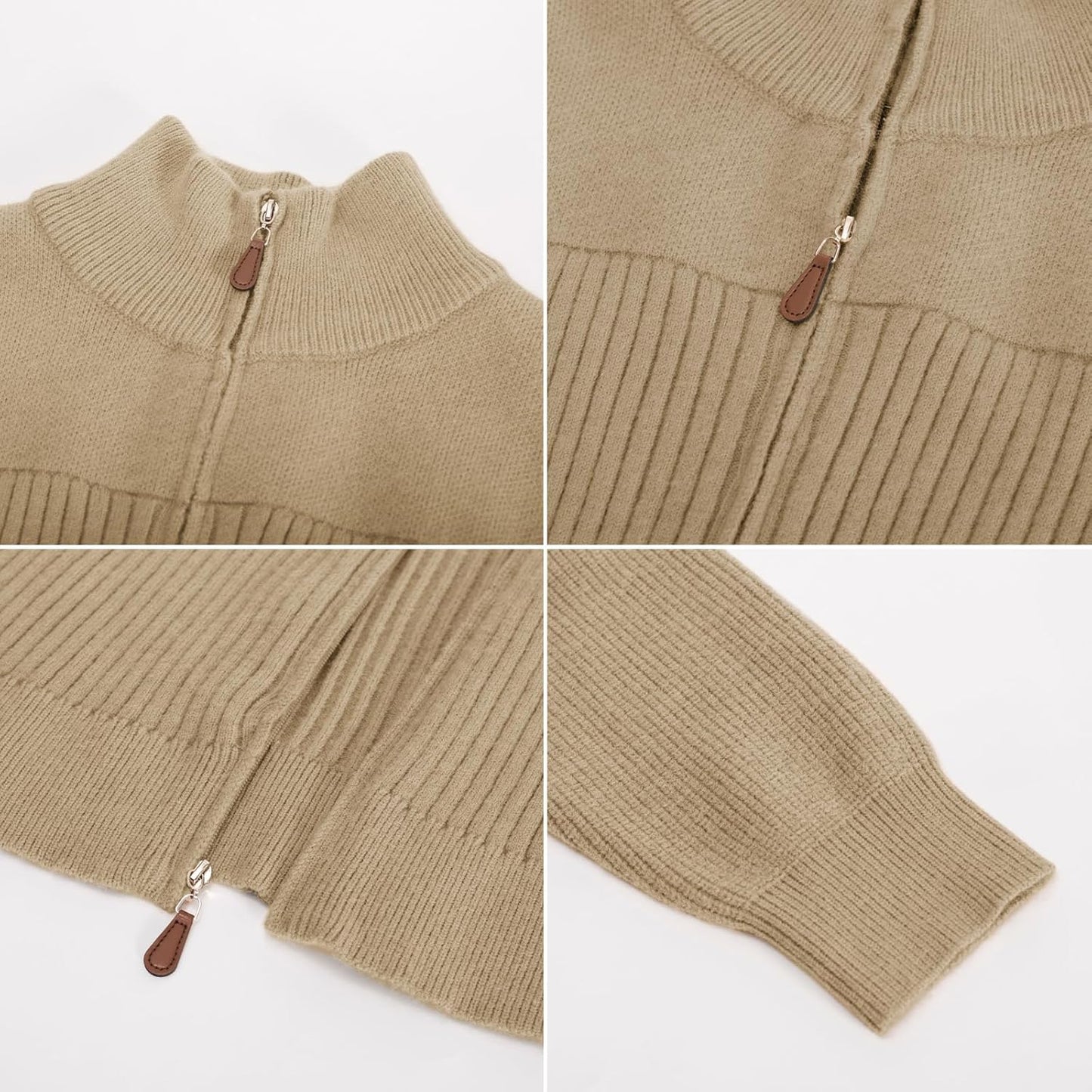 PJ PAUL JONES Mens Full Zip Cardigan Sweater Casual Stand Collar Ribbed Knitted Cardigan Long Sleeve Textured Sweater Cardigans Khaki L