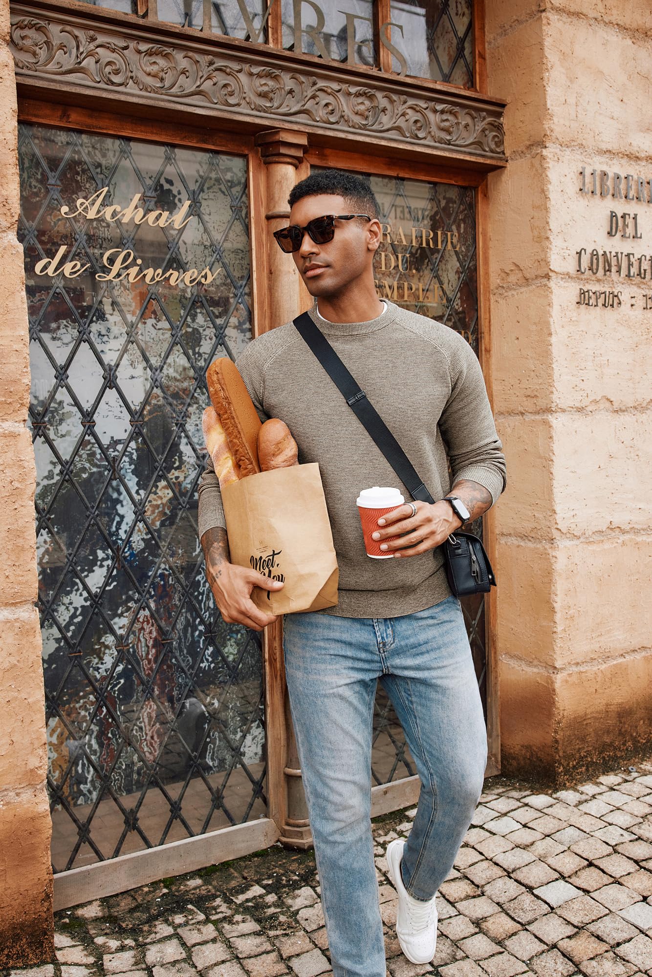 PJ PAUL JONES Mens Sweater Crewneck Long Sleeve Knit Textured Basic Casual Comfy Holiday Pullover Sweater for Mens Fashion Trendy Khaki L