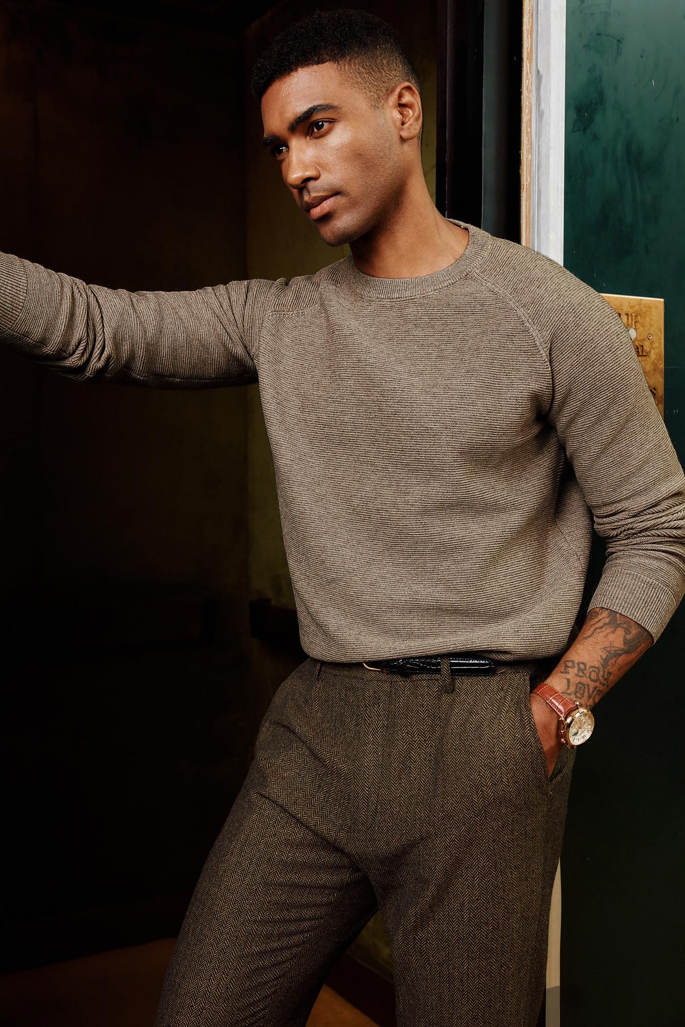 PJ PAUL JONES Mens Sweater Crewneck Long Sleeve Knit Textured Basic Casual Comfy Holiday Pullover Sweater for Mens Fashion Trendy Khaki L