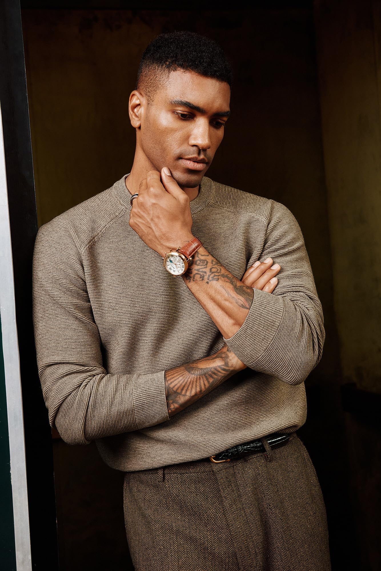 PJ PAUL JONES Mens Sweater Crewneck Long Sleeve Knit Textured Basic Casual Comfy Holiday Pullover Sweater for Mens Fashion Trendy Khaki L