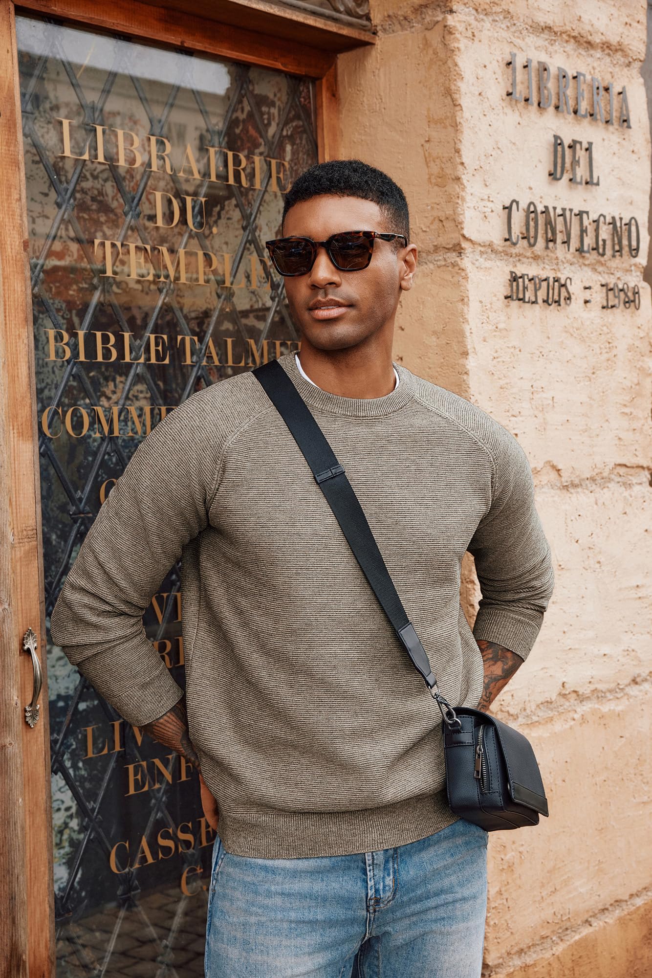 PJ PAUL JONES Mens Sweater Crewneck Long Sleeve Knit Textured Basic Casual Comfy Holiday Pullover Sweater for Mens Fashion Trendy Khaki L