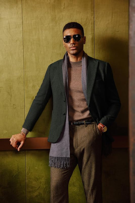 PJ PAUL JONES Mens Irish Wool Blend Suit Blazer Peak Lapel Herringbone Tweed Retro Sport Coats for Church Dark Green XL