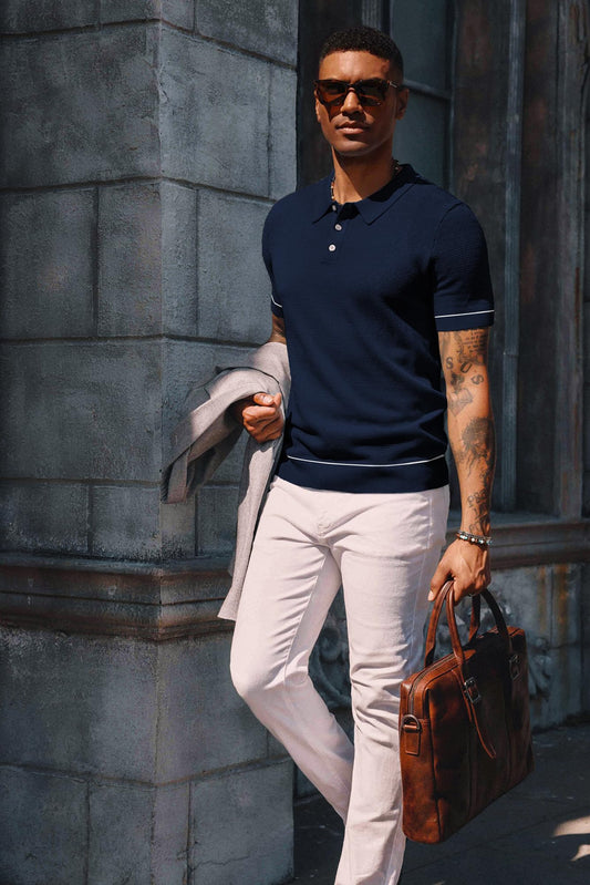 PJ PAUL JONES Knit Polo Shirts Men Short Sleeve Button Up 2024 Fashion Knitted Polo Shirt Navy Blue 2XL